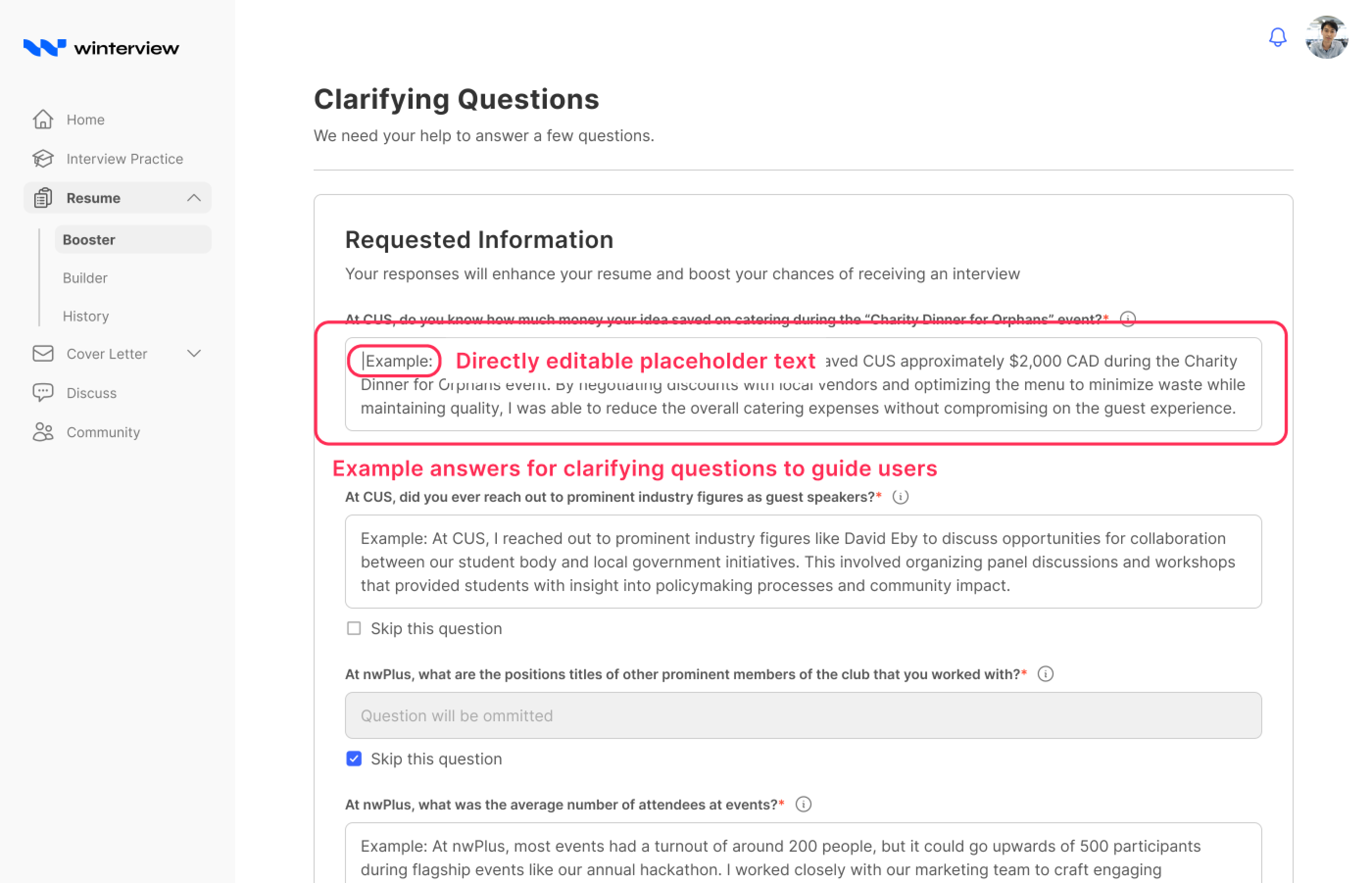 An editable placeholder example inside a clarifying question field