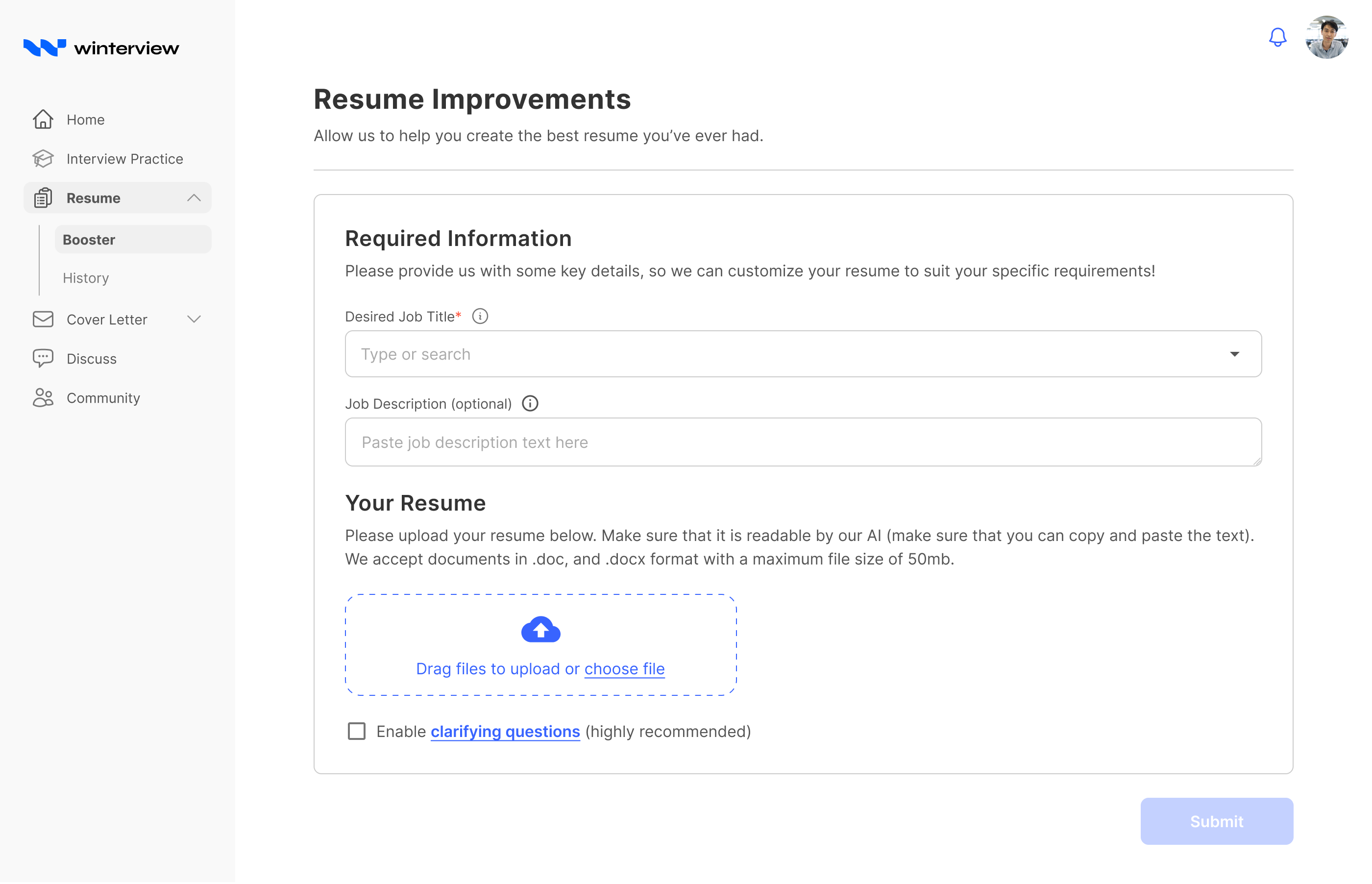 The Winterview Resume Booster feature