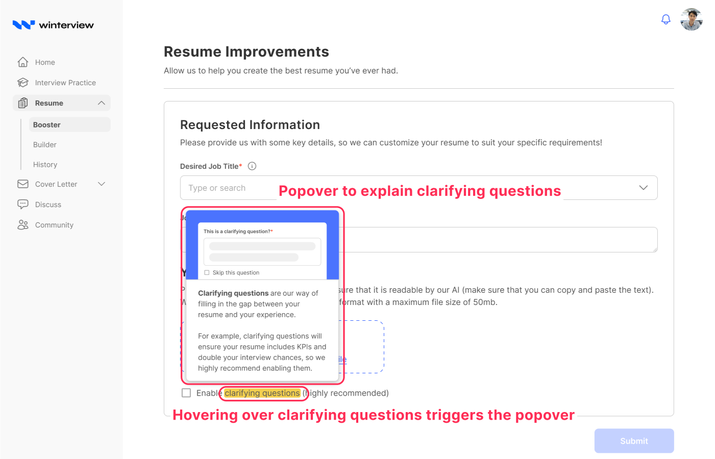 A tooltip explaining why a clarifying question is being asked