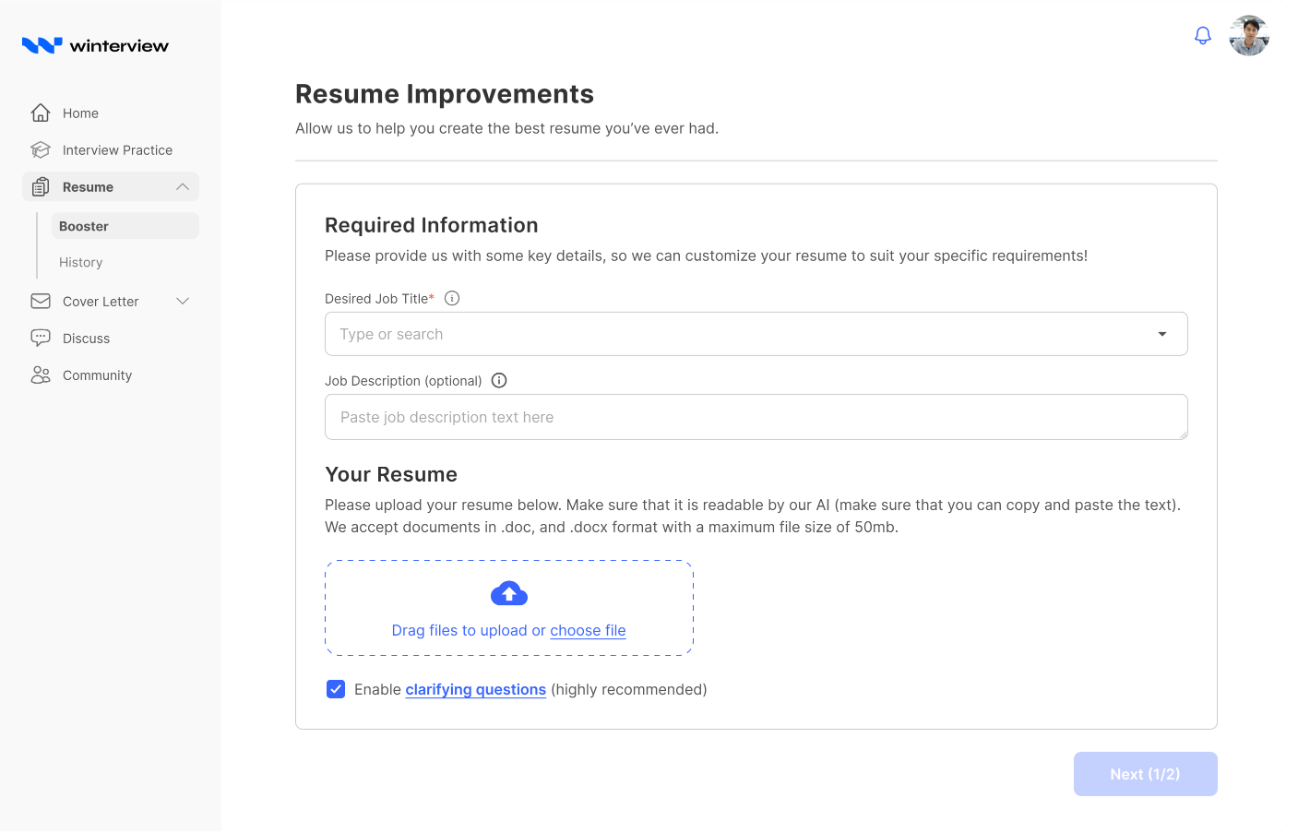The Winterview Resume Booster flow: upload resume, answer clarifying questions, download the improved resume